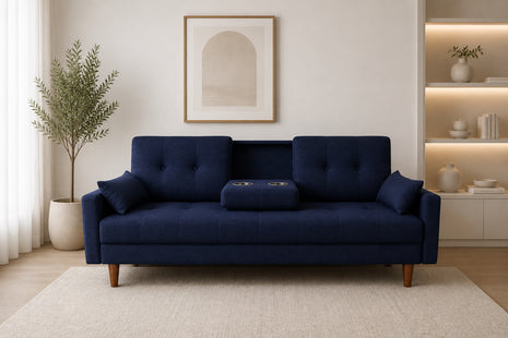 Sofá Cama Reclinable El Bazar Store Cancún Lino Azul Marino Brazos Separados Respaldo Abatible