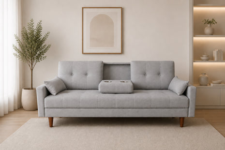 Sofá Cama Reclinable El Bazar Store Cancún Lino Gris Plata Brazos Separados Respaldo Abatible