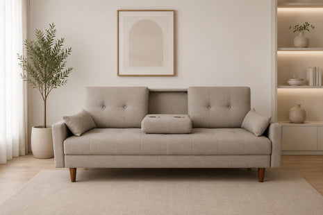 Sofá Cama Reclinable El Bazar Store Cancún Lino Beige Brazos Separados Respaldo Abatible