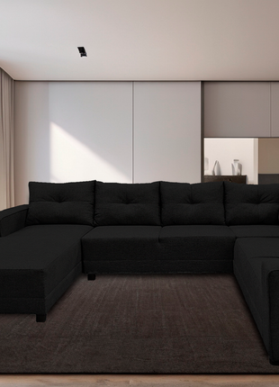 Sala Esquinera en U El Bazar Store Hera Negro 160x275x215 cm, 4 Salas en 1, Tela Lino nacional, Modular, Chaise, love seat, sofa